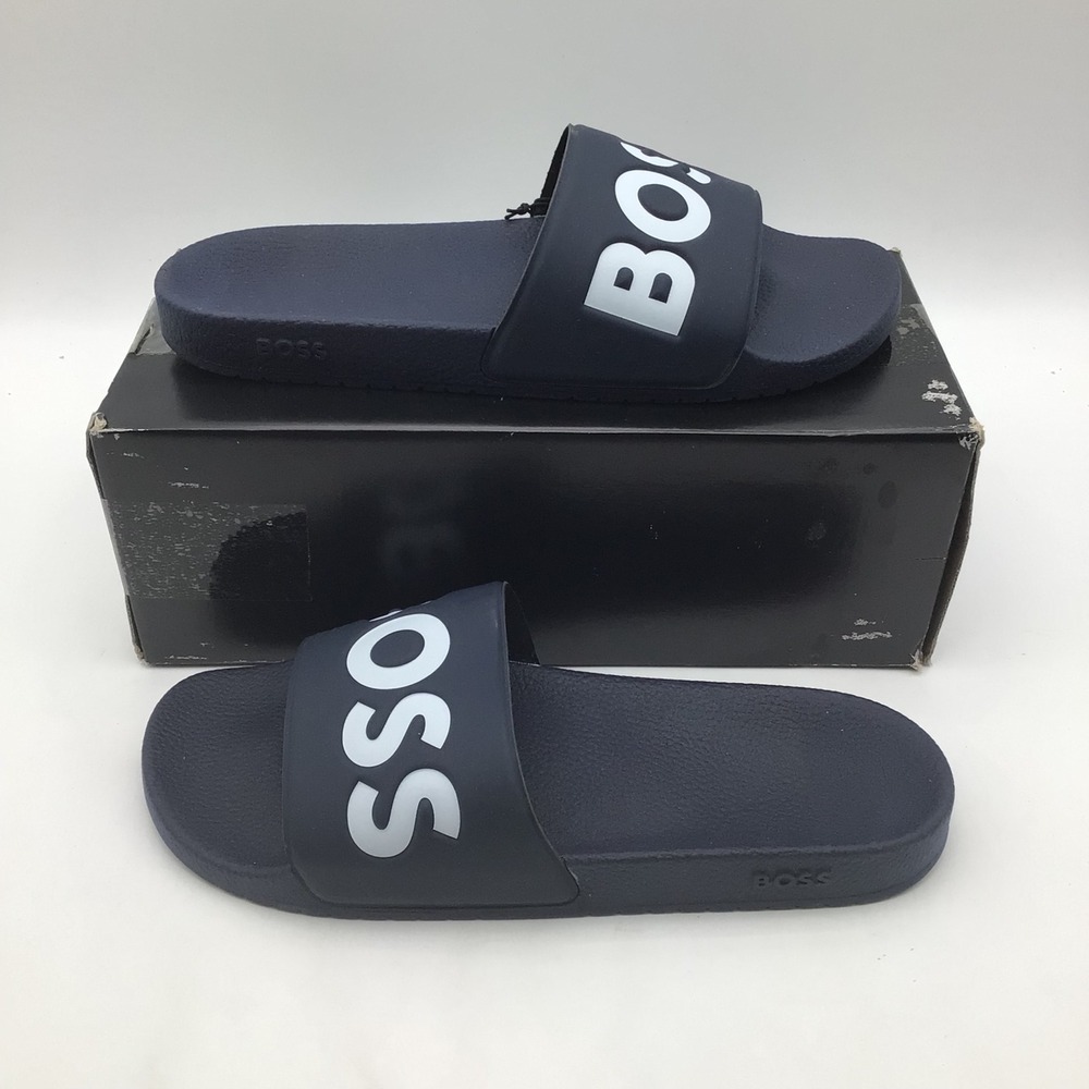 Hugo Boss Aryeh Men Dark Blue Logo Slide Sandals US Size 12 EU 45 NEW